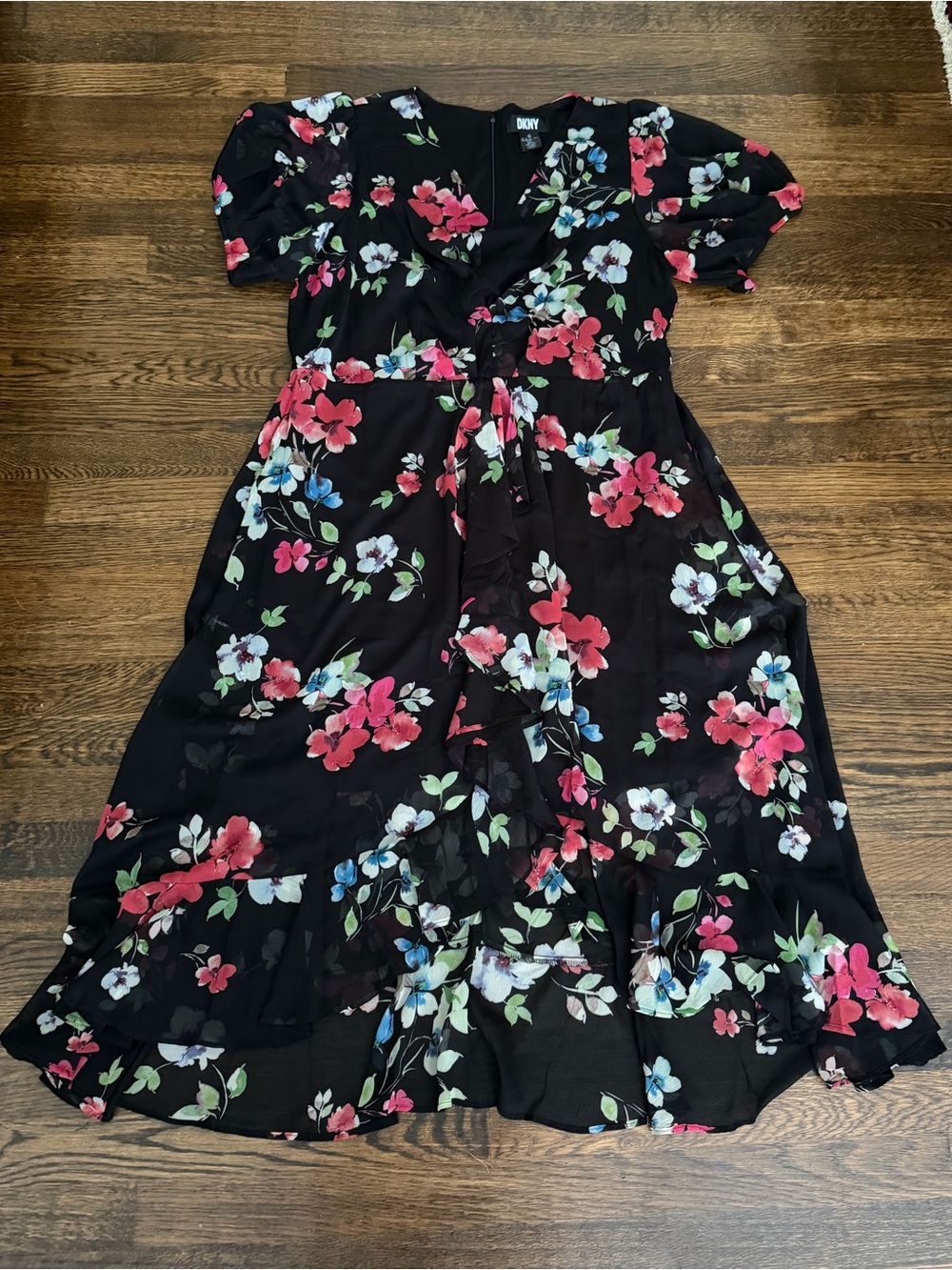 DKNY Black Floral Dress with Pink & Blue Flowers